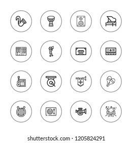 Musical icon set. collection of 16 outline musical icons with cassette, drum, fanfare, gong, maracas, guitar, lyre, musical chairs, parade, piano, saxophone, woofer icons.