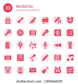 musical icon set. Collection of 30 filled musical icons included Drum, Flute, Trumpet, Xylophone, Karaoke, Microphone, Vinyl, Accordion, Record, Filter, Music notes, Cassette