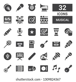 musical icon set. Collection of 32 filled musical icons included Banjo, Music, Record player, Vinyl, Accordion, Microphone, Gramophone, Level, Piano, Recording, Cassette, Record