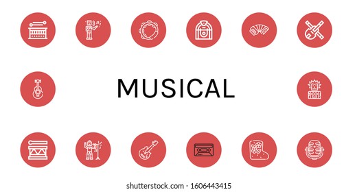 musical icon set. Collection of Drum, Musical, Tambourine, Jukebox, Accordion, Violin, Singer, Electric guitar, Cassette, Valenki, Microphone, Acoustic guitar, Punk icons