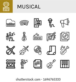 musical icon set. Collection of Punk, Piano, Accordion, Cassette, Microphone, Audio, Music, Guitar, Note, Cd, Violin, Cello, DJ, Valenki, Drum, Musical, Electric guitar icons