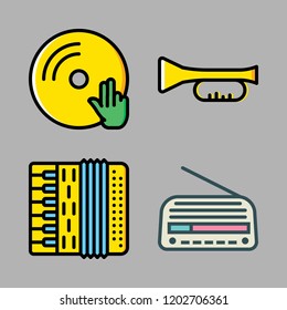musical icon set. vector set about vinyl, accordion, radio and trumpet icons set.