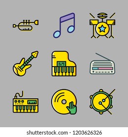 musical icon set. vector set about electric guitar, drum set, trumpet and piano icons set.