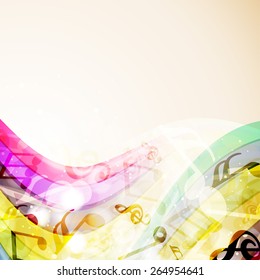 Musical icons on shiny colorful waves on brown background. 