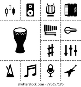 Musical icons. set of 13 editable filled musical icons such as adjust, control panel, microphone, music note, xylophone, harmonic, metronome, loudspeaker, drum, guitar