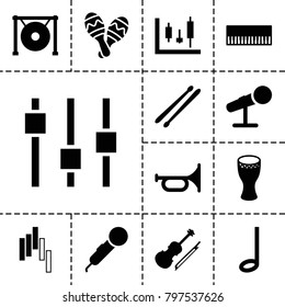 Musical icons. set of 13 editable filled musical icons such as trumpet, microphone, piano, panel control, gong, drum stick, violin, music note, maraca, drum, adjust