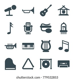 Musical icons. set of 16 editable filled musical icons such as gong, microphone, pin microphone, cassette, piano, guitar, music note, trumpet