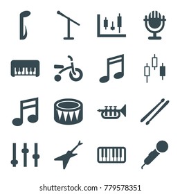 Musical icons. set of 16 editable filled musical icons such as piano toy, adjust, microphone, music note, panel control, control panel, piano, drum, drum stick, trumpet