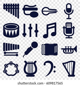 Musical icons set. set of 16 musical filled icons such as microphone, pin microphone, bass clef, musical instrument, xylophone, harmonica, harp, harmonic, drum, trumpet