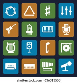 Musical icons set. set of 16 musical filled icons such as music note, cassette, piano, xylophone, guitar, gong, harp, tambourine, loudspeaker, microphone
