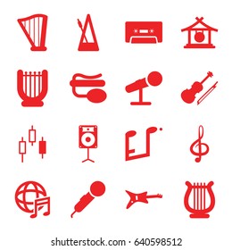 Musical icons set. set of 16 musical filled icons such as gong, pin microphone, treble clef, cassette, harp, violin, international music, music note, metronome, loudspeaker