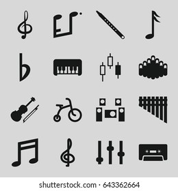 Musical icons set. set of 16 musical filled icons such as child bicycle, piano toy, treble clef, music note, cassette, harmonica, musical pipe, violin, bemol, audio system