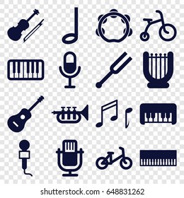 Musical icons set. set of 16 musical filled icons such as child bicycle, piano toy, microphone, piano, tonometer, guitar, violin, music note, trumpet, tambourine, note