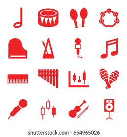 Musical icons set. set of 16 musical filled icons such as microphone, harmonica, piano, drum, maracas, violin, music note, metronome, tambourine, loudspeaker, maraca