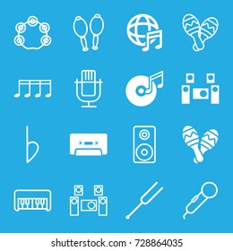 Musical icons set. set of 16 musical filled and outline icons such as cassette, international music, disc and music note, maraca, audio system, piano toy, tonometer, maracas