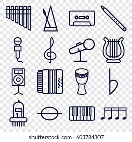 Musical icons set. set of 16 musical outline icons such as microphone, music note, cassette, piano, harmonica, harmonic, bemol, metronome, harp, loudspeaker, drum