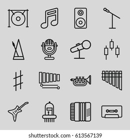 Musical icons set. set of 16 musical outline icons such as cassette, xylophone, harmonica, harmonic, guitar, gong, metronome, trumpet, loudspeaker, microphone, note
