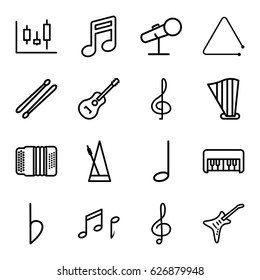 Musical icons set. set of 16 musical outline icons such as piano toy, treble clef, harp, guitar, harmonic, triangle musical instrument, drum stick, bemol, music note
