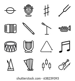 Musical icons set. set of 16 musical outline icons such as music note, tonometer, harp, harmonic, drum, violin, metronome, trumpet, microphone