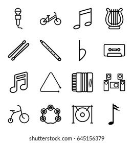 Musical icons set. set of 16 musical outline icons such as child bicycle, microphone, cassette, harmonic, gong, drum stick, bemol, music note, harp, tambourine, audio system