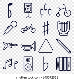 Musical icons set. set of 16 musical outline icons such as child bicycle, music note, harmonic, bemol, note, loudspeaker, trumpet, control panel, microphone, guitar