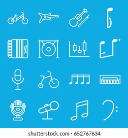 Musical icons set. set of 16 musical outline icons such as child bicycle, microphone, bass clef, music note, harmonic, gong, violin, panel control, piano