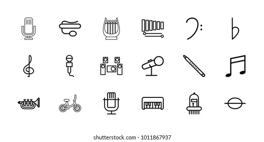 Musical icons. set of 18 editable outline musical icons: piano toy, treble clef, microphone, pin microphone, bass clef, music note, xylophone, bemol, trumpet, audio system