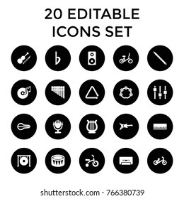 Musical icons. set of 20 editable filled musical icons such as child bicycle, piano, guitar, cassette, harmonica, drum, gong, violin, bemol, harp, tambourine, loudspeaker