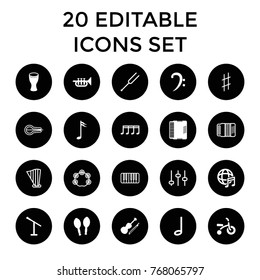 Musical icons. set of 20 editable filled and outline musical icons such as microphone, bass clef, harmonic, maracas, violin, international music, music note, trumpet, drum