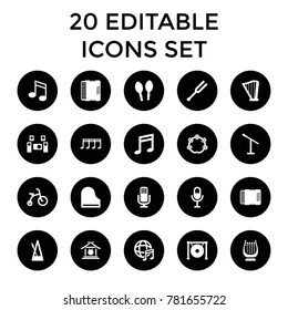 Musical icons. set of 20 editable filled musical icons such as child bicycle, microphone, music note, tonometer, piano, harp. best quality musical elements in trendy style.