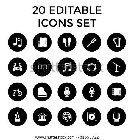 Musical icons. set of 20 editable filled musical icons such as child bicycle, microphone, music note, tonometer, piano, harp. best quality musical elements in trendy style.
