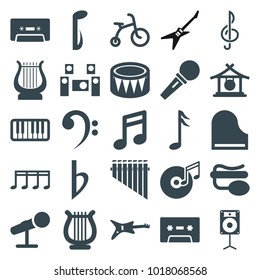 Musical icons. set of 25 editable filled musical icons such as gong, child bicycle, note, guitar, pin microphone, music note, cassette, piano, drum, harp, loudspeaker