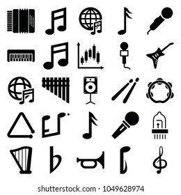 Musical icons. set of 25 editable filled musical icons such as trumpet, microphone, treble clef, music note, harmonica, harp, guitar, international music, tambourine