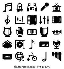 musical icons set. Set of 25 musical filled icons such as gong, child bicycle, piano toy, treble clef, music note, cassette, piano, harmonica, harmonic, international music