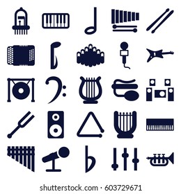 Musical icons set. set of 25 musical filled icons such as microphone, pin microphone, bass clef, music note, piano, tonometer, xylophone, harmonica, harmonic, gong, drum stick