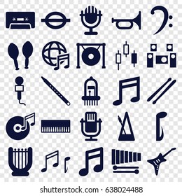 Musical icons set. set of 25 musical filled icons such as microphone, bass clef, music note, cassette, xylophone, guitar, maracas, gong, drum stick, international music