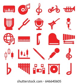 Musical icons set. set of 25 musical filled icons such as child bicycle, piano toy, microphone, treble clef, music note, tonometer, xylophone, harmonica, piano, musical pipe