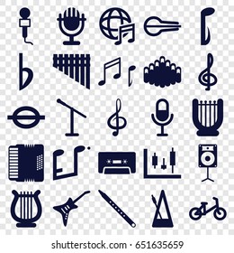 Musical icons set. set of 25 musical filled icons such as child bicycle, microphone, treble clef, music note, cassette, harmonica, harmonic, guitar, international music, bemol