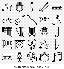 Musical icons set. set of 25 musical outline icons such as child bicycle, piano toy, music note, xylophone, harmonica, harp, musical pipe, guitar, maracas, gong, drum stick