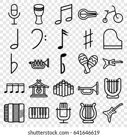 Musical icons set. set of 25 musical outline icons such as gong, child bicycle, microphone, bass clef, note, piano, harmonic, guitar, harmonica, bemol, trumpet, harp