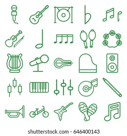 Musical icons set. set of 25 musical outline icons such as child bicycle, microphone, piano, guitar, maracas, gong, violin, bemol, music note, harp, tambourine, note