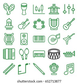 Musical icons set. set of 25 musical outline icons such as gong, piano toy, piano, guitar, harmonic, drum, maracas, drum stick, violin, music note, trumpet, harp, tambourine