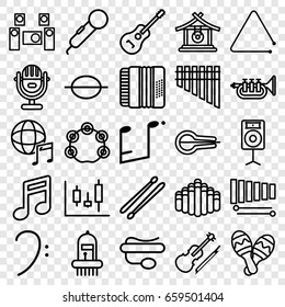 Musical icons set. set of 25 musical outline icons such as gong, pin microphone, bass clef, music note, xylophone, harmonica, guitar, harmonic, drum stick, violin