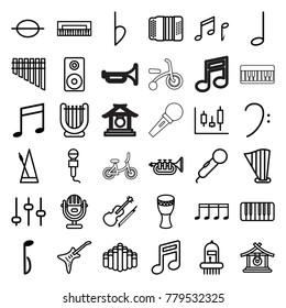 Musical icons. set of 36 editable outline musical icons such as gong, adjust, note, microphone, piano, harp, panel control, bass clef, music note, harmonica, harmonic, guitar