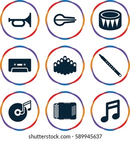 musical icons set. Set of 9 musical filled icons such as cassette, harmonic, drum, harmonica, disc and music note, note