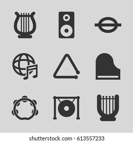 Musical icons set. set of 9 musical filled icons such as music note, piano, triangle musical instrument, gong, international music, harp, tambourine