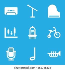 Musical icons set. set of 9 musical filled icons such as child bicycle, cassette, piano, music note, trumpet, musical instrument, microphone
