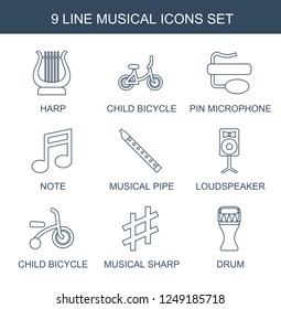 musical icons. Set of 9 line musical icons included harp, child bicycle, pin microphone, note, musical pipe on white background. Editable musical icons for web, mobile and infographics.