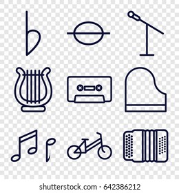 Musical icons set. set of 9 musical outline icons such as child bicycle, music note, cassette, piano, harmonic, bemol, harp, note