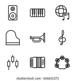 Musical icons set. set of 9 musical outline icons such as treble clef, piano, harmonic, international music, tambourine, loudspeaker, trumpet